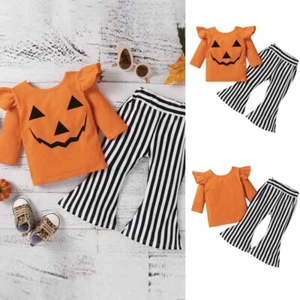 Kids Baby Girls Halloween Costumes Long Sleeve Pumpkin Tops+Pants Clothes Set - Picture 1 of 7