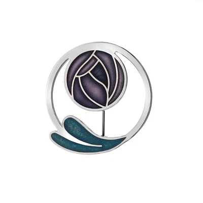 Broche Mackintosh Rosa Púrpura Hoja Enroscada Plateado Nuevo Embalaje de Regalo Foto 1 de 2