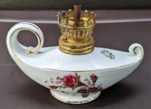Vintage Small White Porcelain Aladdin Style Kerosene Oil Lamp w/Roses Gold Trim - Picture 1 of 13