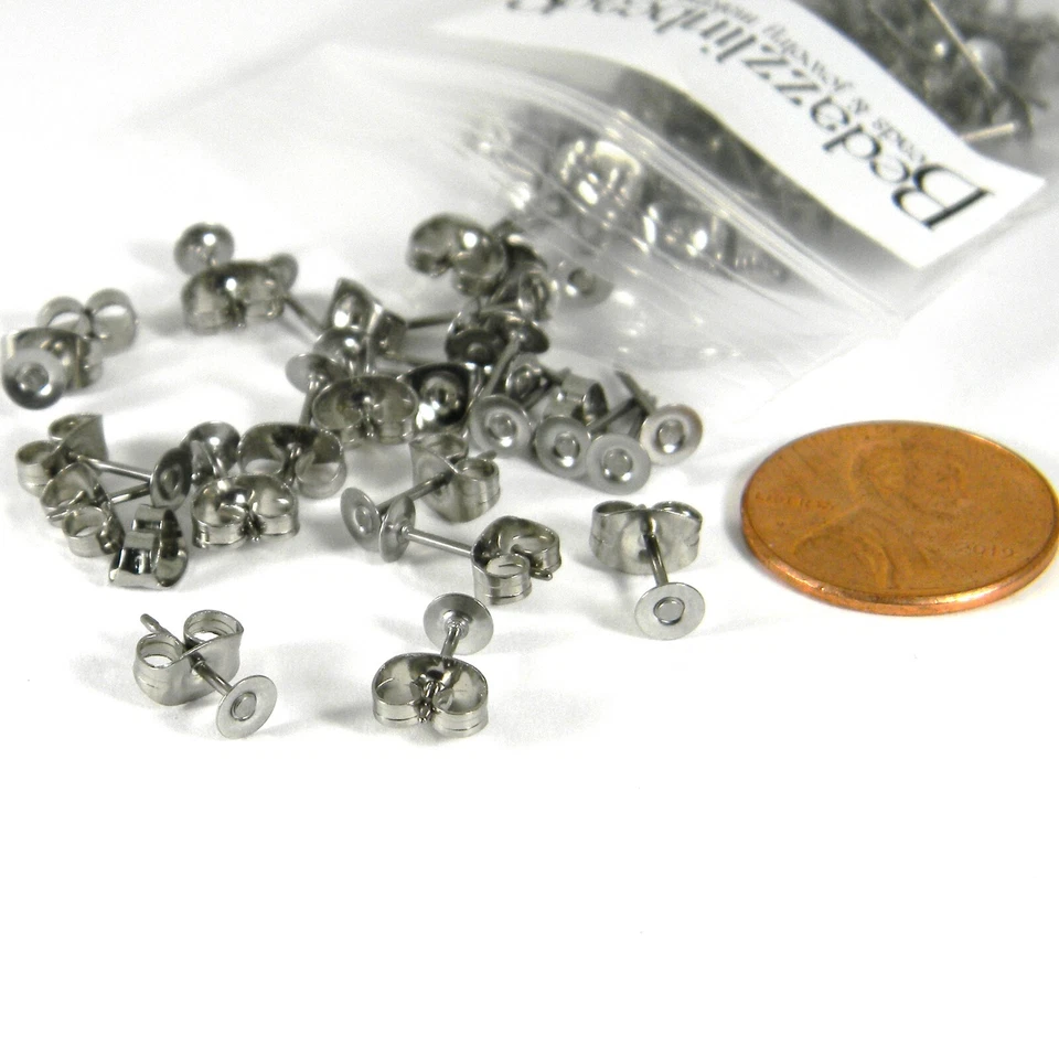 50 Titanium Post Earring Findings w/Stainless Steel 4mm Flat Pad & Backings - Image 1 of 1