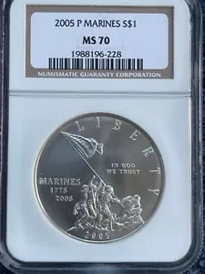 2005-P MARINES COMMEMORATIVE UNCIRCULATED SILVER DOLLAR - NGC MS70 - Picture 1 of 4