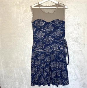 Effie's Heart Dress Large ModCloth Blue Tan Floral Print Stretchy Pima Cotton - Picture 1 of 7