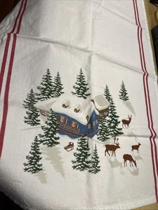 Vintage Cotton Christmas Cabin & Reindeer Scene 27 X 16” Dish Tea Towel Pakistan - Picture 1 of 12