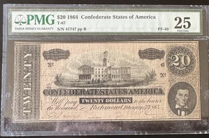 1864 Confederate States Of America $20 Civil War Era PMG Graded 25 Very Fine - Picture 1 of 9