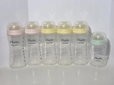 Lot of 6 Vintage Playtex Nurser Drop In Bottles, Pink-Yellow-Green - Image 1 of 2