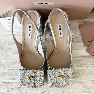 New Miu Miu Silver Glitter Heeled Women's Shoes size 36.5, US 6.5 - Image 1 of 4