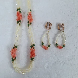 Vintage Multi Stranded Pink Angel Skin Salmon Coral Jade Bead Necklace Earrings - Picture 1 of 5