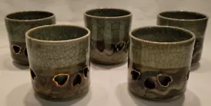 5 Vintage Somayaki Soma Ware Green Double Walled Teacups Hand Painted - Picture 1 of 7