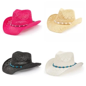 Sombrero de Vaquero Western para Hombre Mujer, Ala Ancha Sombrero de Vaquera de Paja con Cuentas de Corazón - Imagen 1 de 22