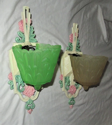 SET OF 2 ANTIQUE ART DECO SLIP SHADE CAST METAL SCONCES WALL FIXTURES 1930's Cover