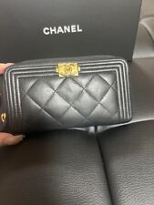Autentyczny Chanel Boy Chanel Matelasse Średni portfel Czarny Okrągły zamek błyskawiczny CoCo Mark