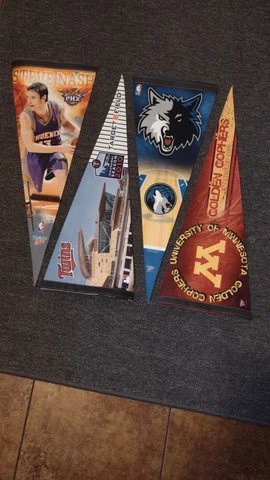 4 Minnesota sports pennants - Twins Inaugural, Gophers, Timberwolves, Steve Nash Cover