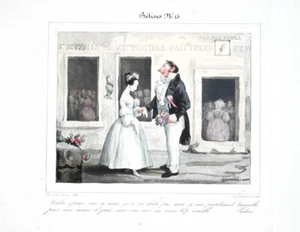 c1850 Hochzeit Ehe Heirat Karikatur Kolorierte und eiweissgehöhte Lithographie - Picture 1 of 1