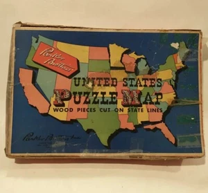 1915 Antique PARKER BROTHERS WOODEN UNITED STATES PUZZLE MAP COMPLETE IN BOX - Picture 1 of 6