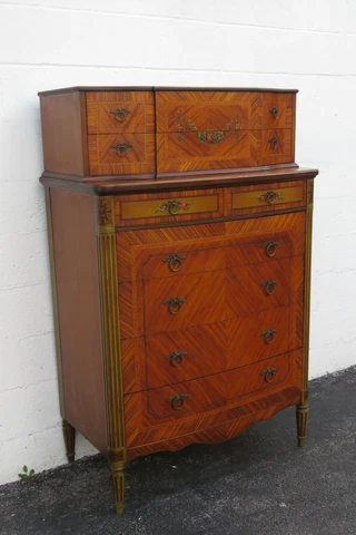 French Early 1900s Carved Hand Painted Inlay Tall Chest of Drawers 2459 Cover