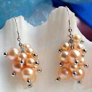 6-10mm Natural Pink Freshwater Cultured Pearl Grape Dangle Silver Hook Earrings - Picture 1 of 6