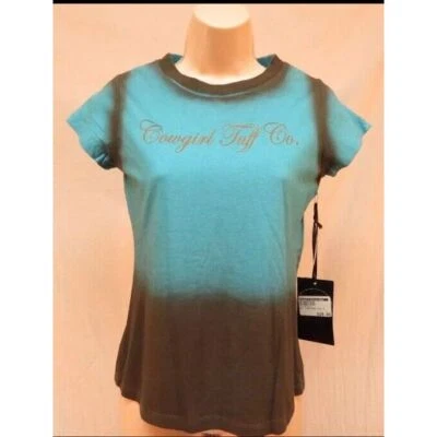 Cowgirl Tuff Turquoise Brown Dip Dye Shirt "Never Give Up" Girls Size Medium NWT - Image 1 of 4