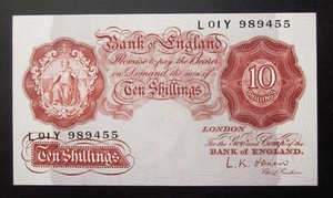BANK of ENGLAND 10 SHILLINGS 1955-60 AUNC BANKNOTE *O'BRIEN* GREAT BRITAIN Note - Picture 1 of 2