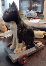 Rare Vintage Carved Wood Cat Pull Toy Folk Art Rustic Farmhouse Decor
