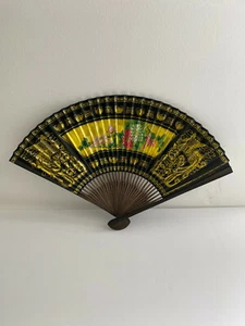 Vintage Chinese Gold Hand Painted 16 Inch Decorative Fan w/ Box - Picture 1 of 5