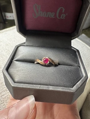 Shane Co 14K Solid Rose Gold Natural Round Red Ruby Diamond Woman’s Lady’s Ring - Image 1 of 4