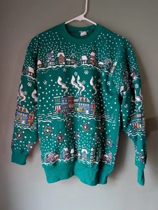 Vintage 80s Jane Colby Green Christmas Holiday Sweatshirt Winter Snow Sz Med - Picture 1 of 10