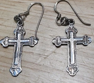 Sterling Silver Vintage Cross Drop Earrings - 1 1/4 Tall Vintage - Picture 1 of 3