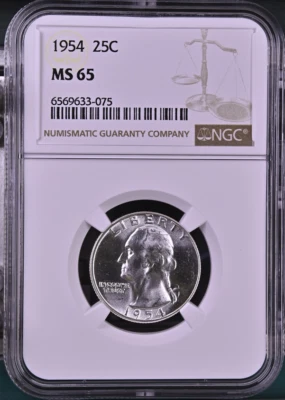 :1954-P S25C WASHINGTON-QUARTER NGC GEM-BU MS-65 BLAST-WHITE HIGHEST-GRADES - Image 1 of 2