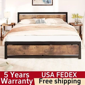 King Size Bed Frame with Wooden Headboard Metal Bedframe No Box Spring Needed - Picture 1 of 8