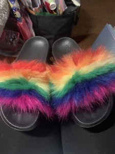 Cute Kawaii Rainbow Color Faux Fur Fluffy Rubber Slipper! Sz. 7W Extra Free Gift - Picture 1 of 12