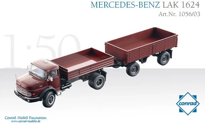 Camión de volteo Conrad 1056-03 Mercedes-Benz LAK 1624 + remolque de volteo 1/50 diecast sin usar, en caja Foto 1 de 1