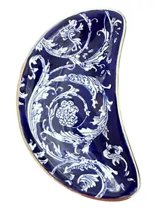 Bombay Company Floral Blue White Silver Crescent Bone Trinket Dish 6" x 3.5" - Picture 1 of 9