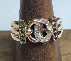 14K Yellow Gold Buckle Design Ring w/ Diamonds Emeralds & Rubies Size 8.25 - Picture 1 of 8