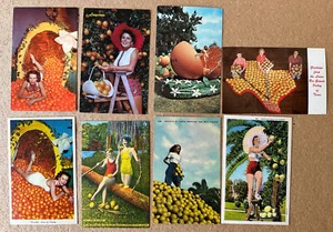 Sexy WOMEN & CITRUS FRUIT Orange Grapefrui 6 1939-60s  Linen & Chrome Postcards - Picture 1 of 2
