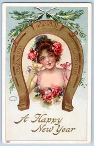 1908 A HAPPY NEW YEAR JAN 1 GOOD LUCK HORSESHOE PRETTY WOMAN EMBOSSED POSTCARD 2 - Picture 1 of 2