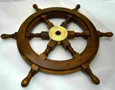 Wooden Ship Wheel 24 Inch Collectible Brown Brass Nautical Vintage Wall Decor - Image 1 of 3