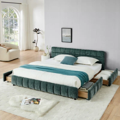 Queen King Size Bed Frames with Storage Drawer Upholstered Platform Bed Bedstead - Image 1 of 4