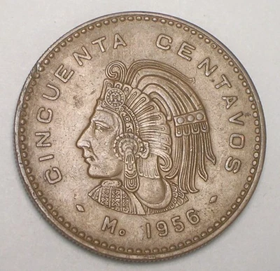1956 Mexico Mexican 50 Centavos Cuauhtémoc Eagle Snake Coin VF+ - Image 1 of 2