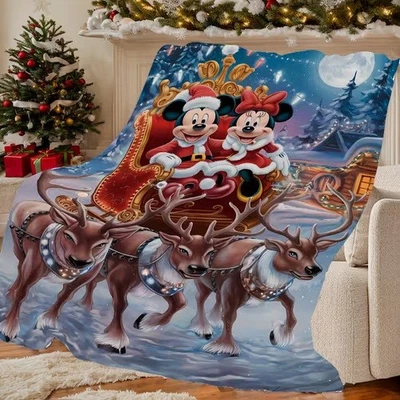 Santa Mickey & Minnie Mouse Sleigh Ride Merry Christmas Festive Holiday Blanket - Image 1 of 4