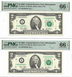 2003 $2 MINNEAPOLIS * STAR * ⭐️ FRNs. 2 PMG Gem Uncirculated 66 EPQ Banknotes. - Picture 1 of 5