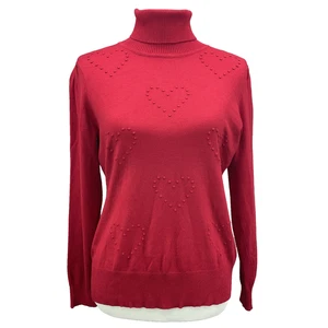 Love Scarlett Womens M Red Long Sleeve Turtle Neck Raised Dot Heart Pattern Vday - Picture 1 of 8