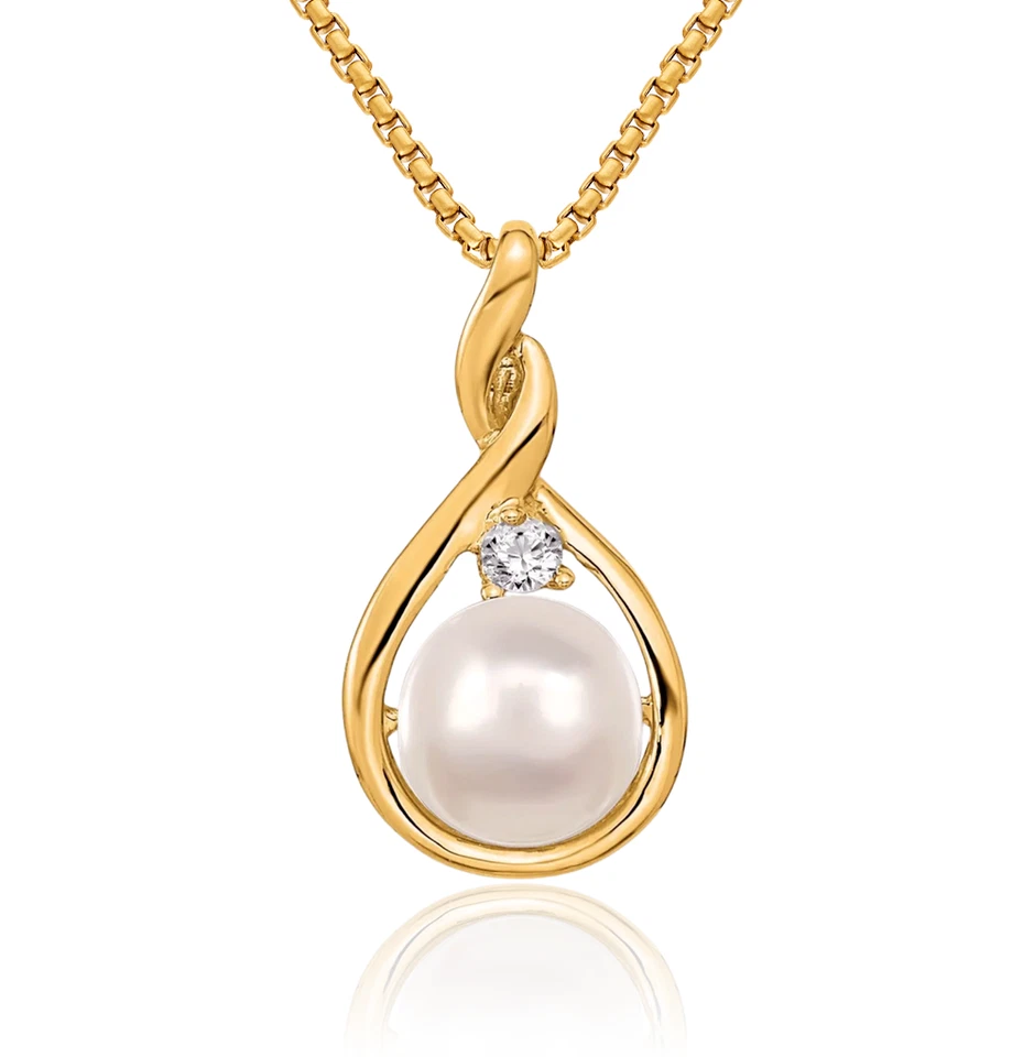 14K Solid Yellow Gold 7mm White Round Freshwater Cultured Pearl Diamond Necklace - Image 1 of 1