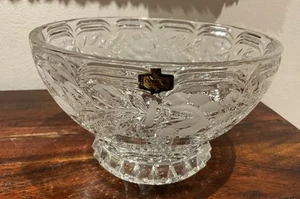 Vintage Zajezar Lead Crystal Pedestal Bowl, Etched Flowers & Leaves - Picture 1 of 10