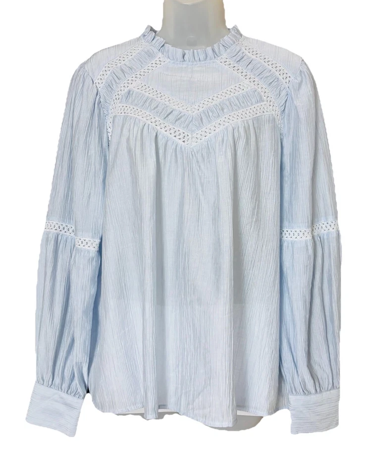 Laura Ashley Womens High Neck Ruffle Lace Feminine Cottagecore Blouse Sz M Blue - Image 1 of 4
