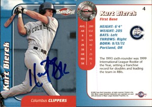 Kurt Bierek Signed 1999 Team Best Player of the Year #4 Card Columbus Clippers
