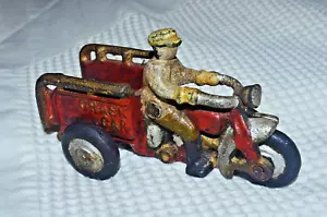 VINTAGE HUBLEY CRASH CAR Cast Iron Motorcycle Toy Cart Collectible RED/GOLD Repr - Picture 1 of 7