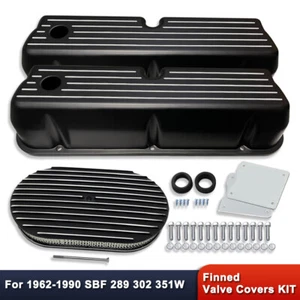 For Ford SBF 289 302 351W 62-85 Black Tall Valve Covers & 15" Finned Air Cleaner - Picture 1 of 7