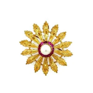 18k YG HONORA 6.2mm Pearl & .30tcw Ruby Flower Brooch 8.8g, 1.35" - Picture 1 of 4