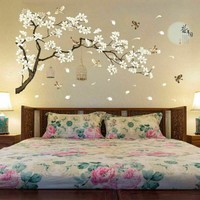 Cherry Blossom Decals Mural Decor Tree Branch Wall Art Stickers White Flowers