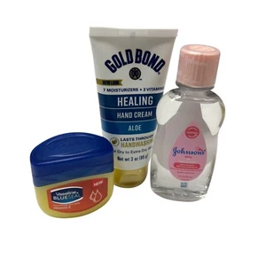 Gold Bond Handcreme, Vaseline Blue Seal und Johnson's Baby Öl Hautpflege Set - Bild 1 von 2